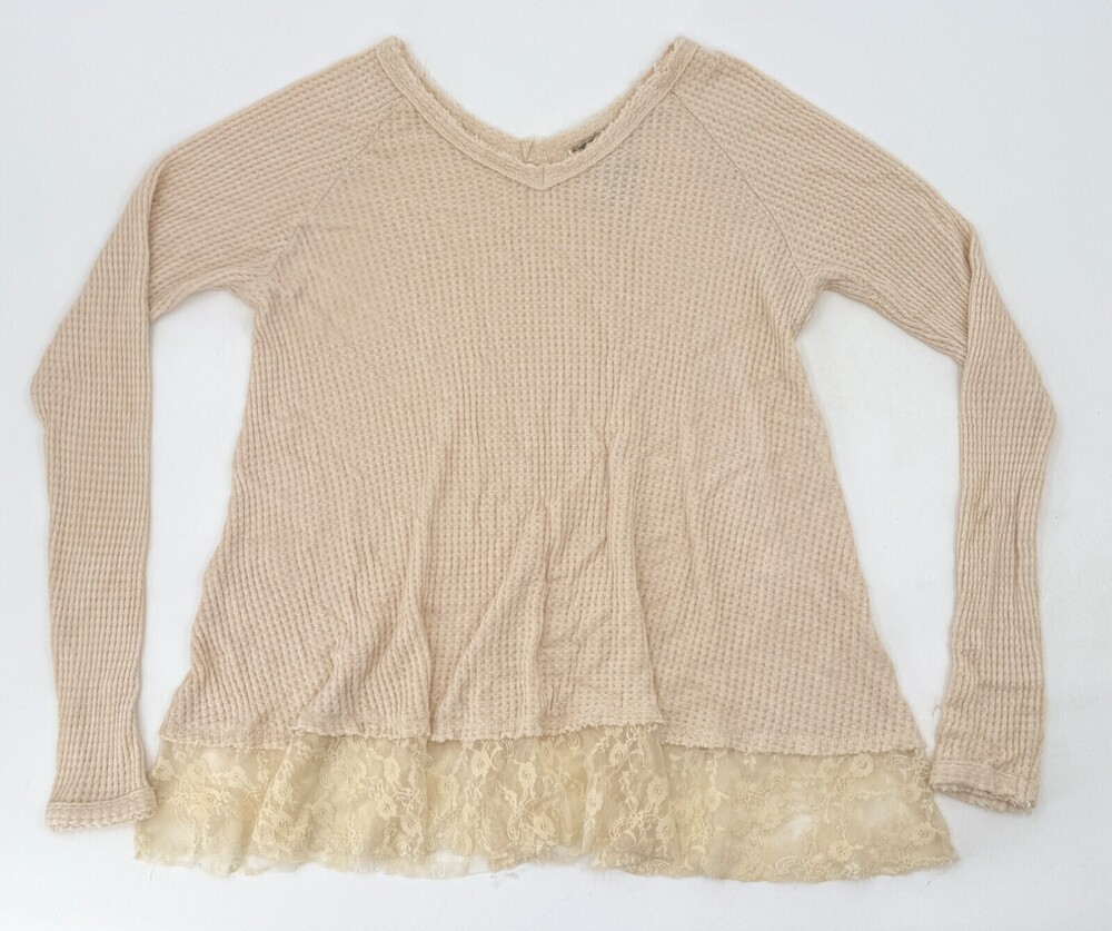 Local Shirt Womens Large Cream Long Sleeve Pullover V-Neck Lace Hem Waffle Knit